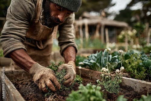 Hands collecting fresh herbs and vegetables from a lush garden for sustainable living concepts.