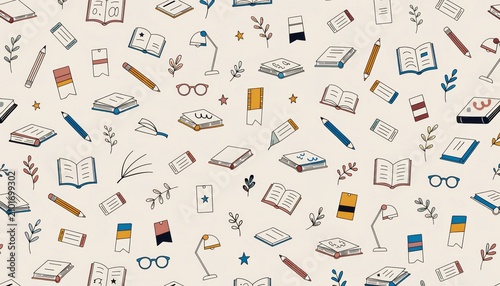 Seamless hand-drawn vector pattern featuring books, pencils, and reading accessories