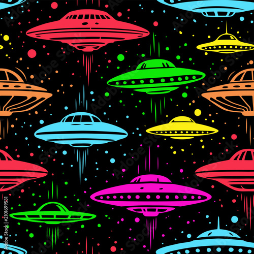 Seamless pattern with colorful neon UFOs and flying saucers in starry outer space on a black background.