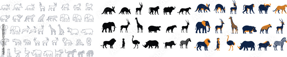 Obraz premium Savanna and wild animal vector icons in outline silhouette and color