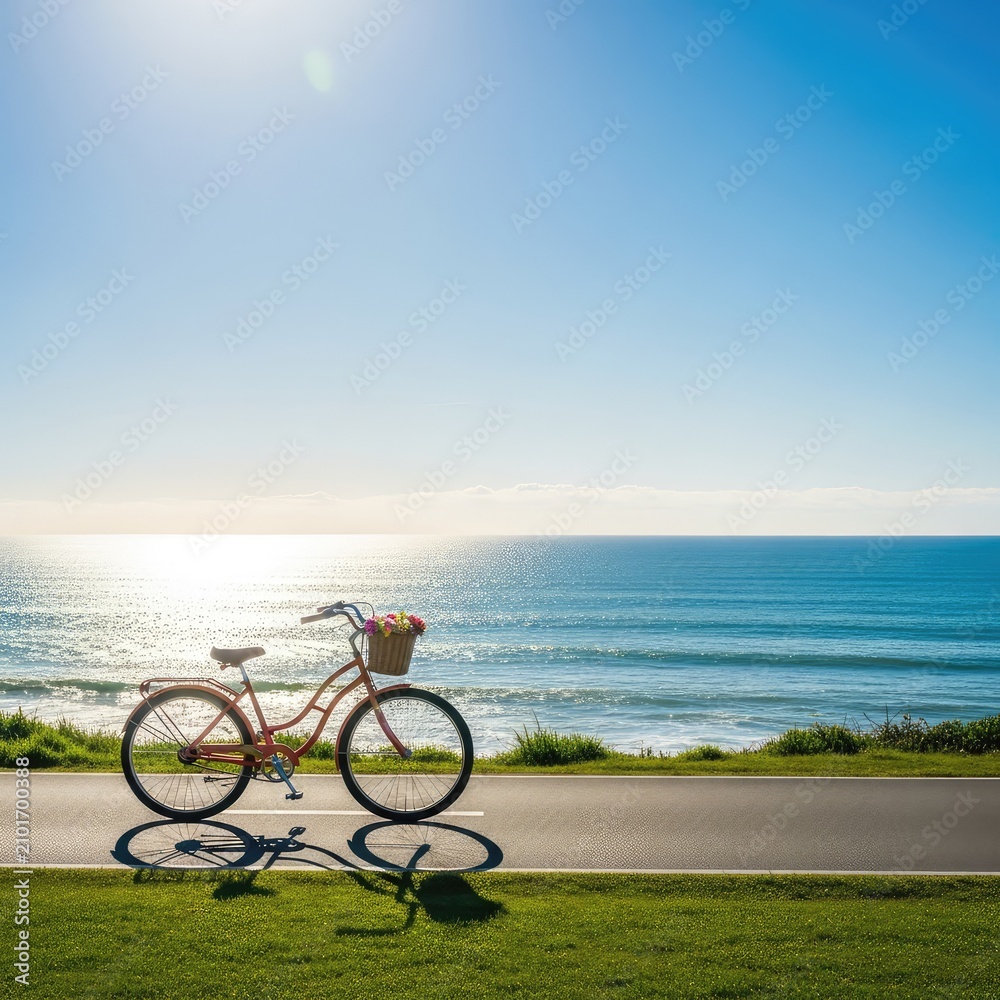 Fototapeta premium A colorful bicycle cruises along a paved coastal path near the sparkling ocean waves under a bright summer sun by the clear blue sea, coastline, waves, adventure