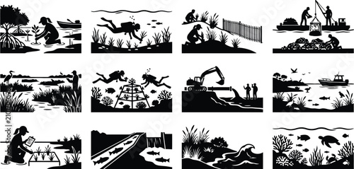 Foto People restoring and rebuilding a polluted lake ecosystem