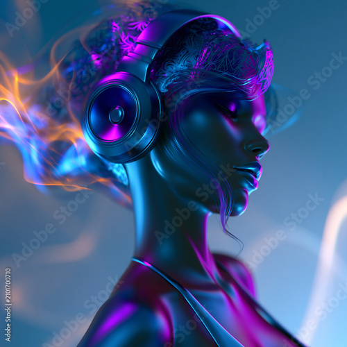 futuristic techno woman with explosive audio energy, cyber music lady with powerful sound burst, electronic female dj with dynamic speaker energy background