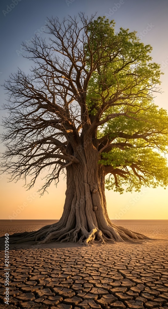 Naklejka premium Stark contrast: Half-dead dry tree against vibrant green foliage in arid desert landscape at sunset
