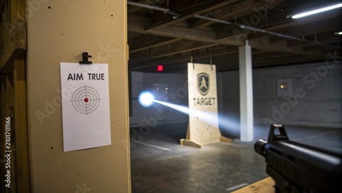 Indoor shooting range with target and aiming light beam highlighting precision and focus on marksmanship practice