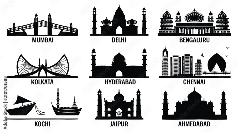 Fototapeta premium Indian city skyline landmark silhouette icon collection isolated on white background