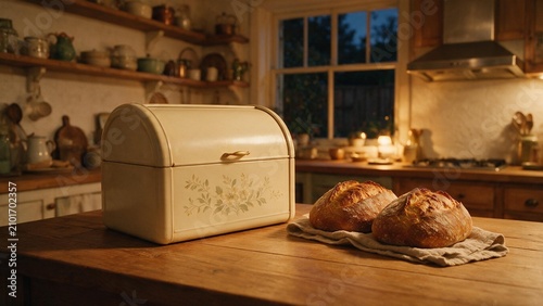 A closed cream-colored vintage metal bread box with a faded floral print sits on a wooden table beside two fresh sourdough bread loaves at sunset.