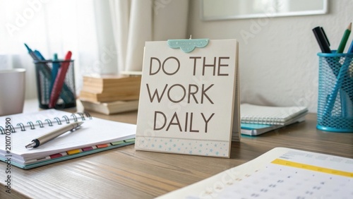 Inspirational Desk Setup with Motivational Sign to Encourage Daily Productivity and Organized Workspace for Success