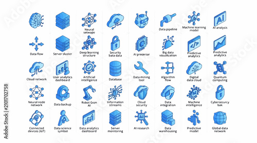 A collection of blue isometric icons representing various aspects of technology and data analysis, including artificial intelligence, machine learning, big data, and cloud computing