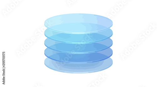Stack of five transparent blue disks in a cylindrical formation, representing data or layers