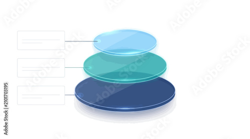 Three transparent discs stacked in ascending order, representing layers of information or progress. Each disc has a unique color and casts a subtle shadow
