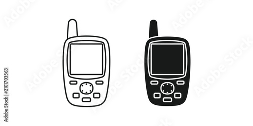 Foto Handheld GPS navigator device in outline and solid fill on white background for