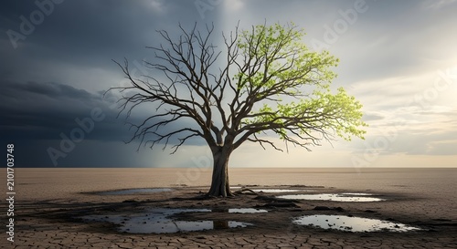 Symbol of resilience: A tree split between barrenness and new growth against a dramatic sky