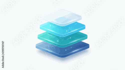 An abstract illustration of four stacked, translucent squares with rounded corners, showing a gradient of blue and white colors, creating a sense of depth and layers