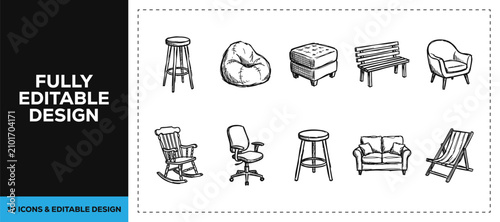Black ink scribble hand drawn office seating and workspace chair icon set bundle featuring doodle sketch vector illustrations for corporate interior and home renovation branding.