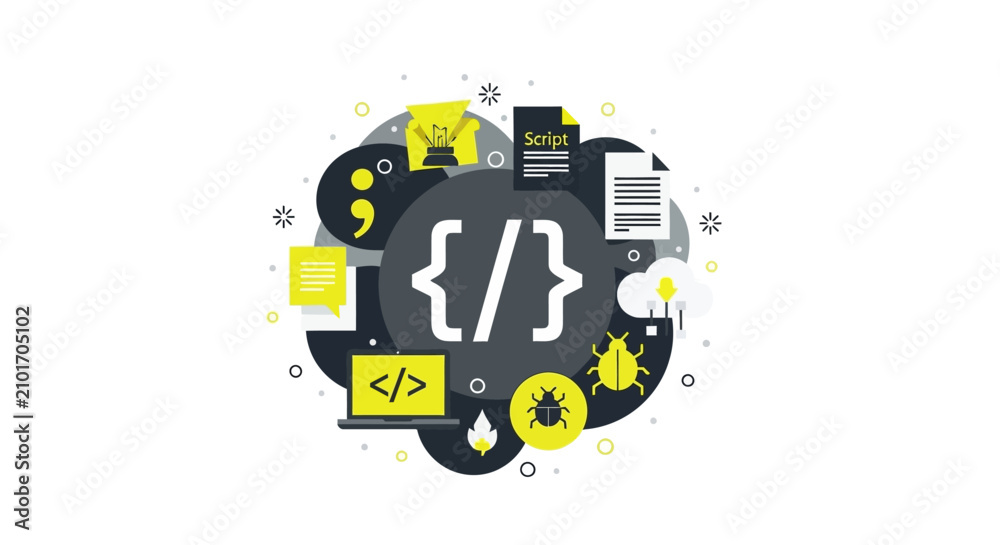 Fototapeta premium Software Development and Web Programming Concept Illustration Featuring Code Icons, Debugging, Scripting, and Cloud Computing Elements