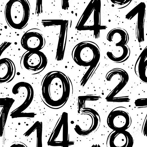 Black and white seamless pattern with hand-drawn brush stroke numbers and ink splatters.