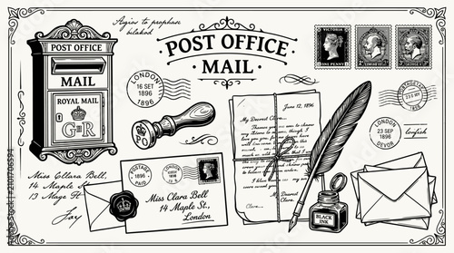 Vintage post office mail collection with envelopes stamps and quill pen illustration.