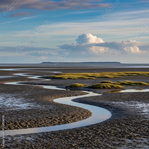 Winding Tidal Channel Crossing Sandy Mudflat Under Cloudy Coastal Sky