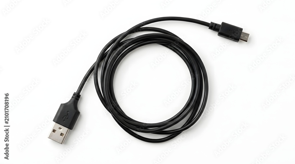 Fototapeta premium Black USB charging cable. Micro USB data cord for mobile devices and electronic gadgets.