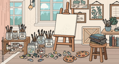 Art studio with easel, paints, brushes, and art supplies.