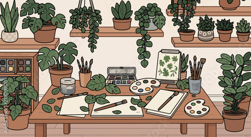 Artistic botanical illustration workspace with plants and painting supplies.