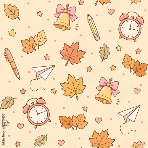 Cute kawaii autumn back to school seamless pattern with alarm clock, school bell, paper airplane, and maple leaves on a pastel background.