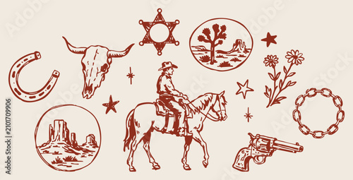 Wild West Cowboy Vector Set with Horse Rider, Bull Skull, Horseshoe, Revolver, Sheriff Badge and Desert Icons