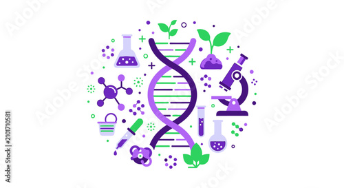 Genetics and Biotechnology Flat Vector Illustration Featuring DNA Double Helix, Microscope, and Lab Equipment for Life Science and Medical Research