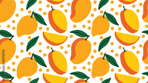 Tropical mango seamless pattern vector background featuring hand drawn whole fruits slices and dots on white background
