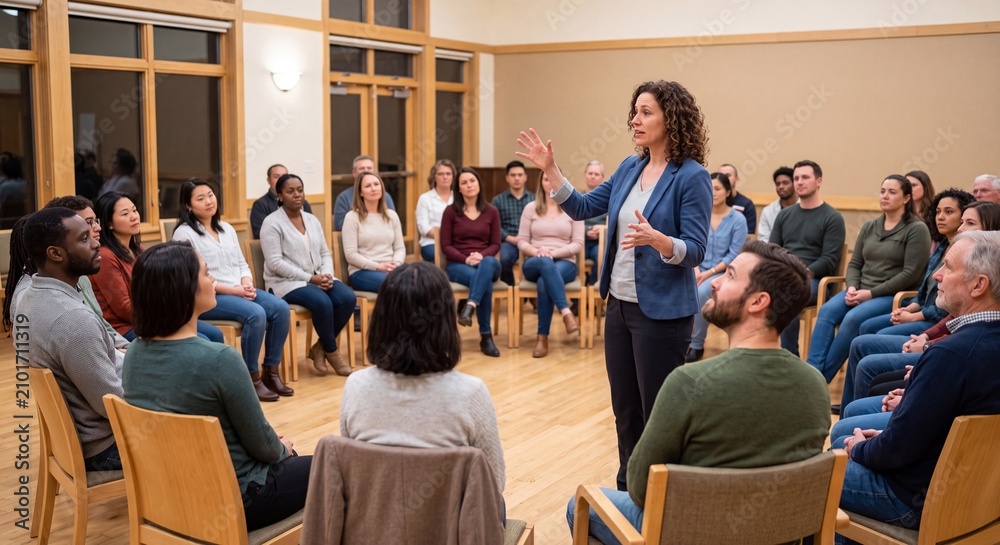 Obraz premium A diverse group of adults sitting in a circle during a group therapy session support meeting or interactive professional training workshop in a well lit room