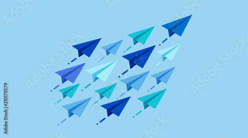 A group of blue and teal paper airplanes flying in formation, with one leading the way, symbolizing teamwork, leadership, and upward progress.