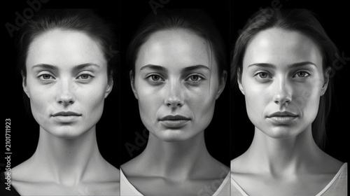 Triptych of grayscale female portraits on black background