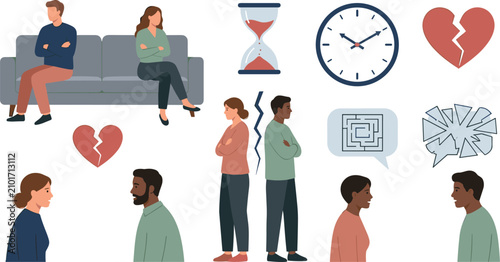 Relationship Breakdown and Divorce Icon Set Featuring Unhappy Couples, Broken Hearts, Hourglass, Clock, Arguments, and Communication Breakdown Symbols for Psychology and Counseling Designs
