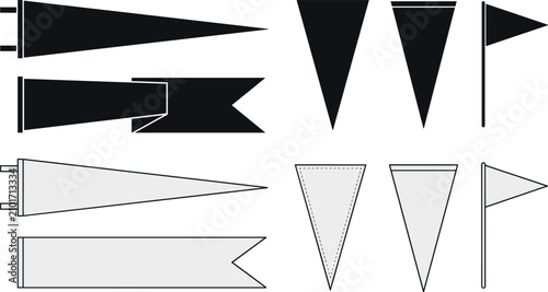 Blank Pennant Flag Template Icon Set Featuring Black Silhouettes and Linear Outlines of Vintage Sports Streamers for Team Spirit and Event Banner Customization