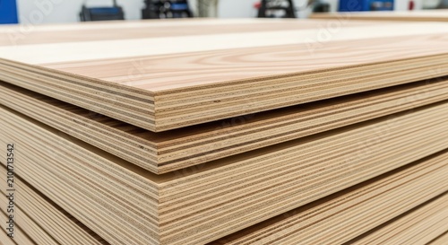 A detailed close-up view of neatly stacked plywood sheets inside a professional workshop, highlighting natural wood grain and layered edges, architectural, detail, texture