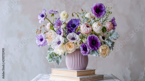 Elegant bouquet with purple and pastel flowers in vase, soft light still life with refined aesthetic