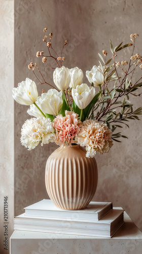 White tulips and soft carnations in ceramic vase, warm light still life with minimal elegant aesthetic