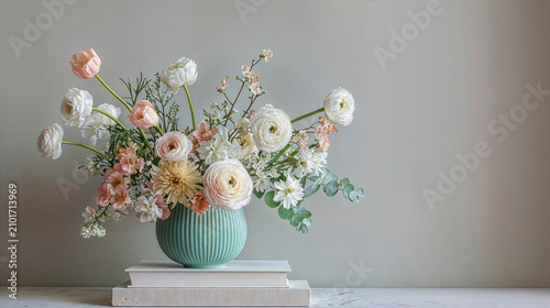 Delicate pastel bouquet with tulips and ranunculus in vase, soft light minimal still life composition