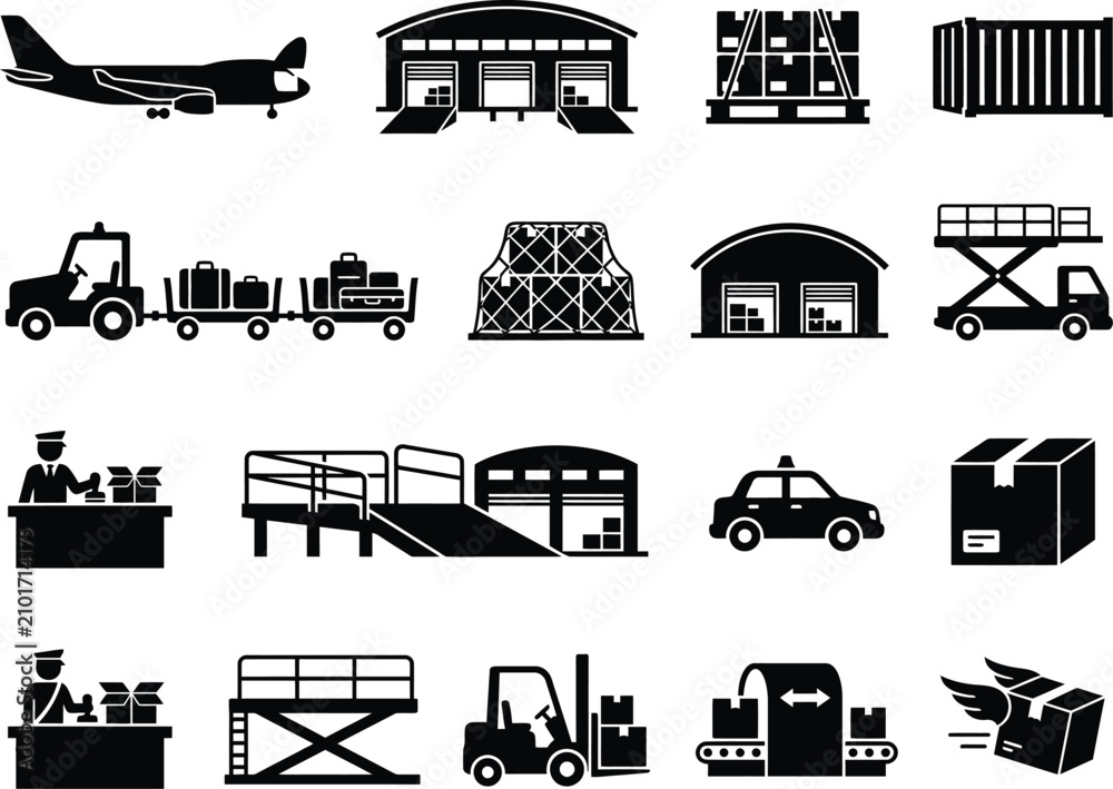 Obraz premium Logistics and Transportation Icons Set Black Silhouette on White Background