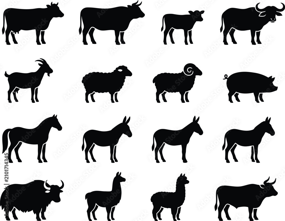 Obraz premium Farm animal silhouettes including cows sheep goats horses and yaks on a white background