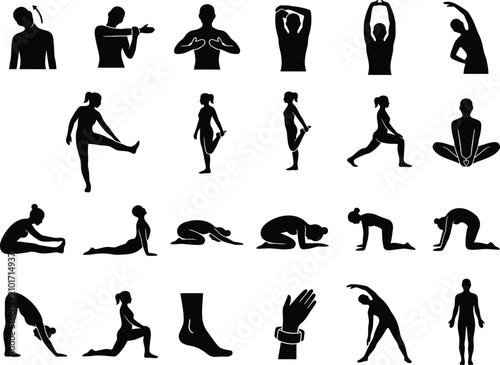Collection of black silhouettes depicting various yoga poses on a white background