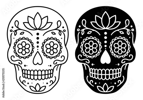 Fotografie Black and white sugar skull illustrations with floral and ornamental designs for