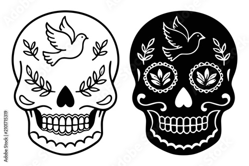 Fotografía Black and white sugar skull designs with decorative elements including doves and