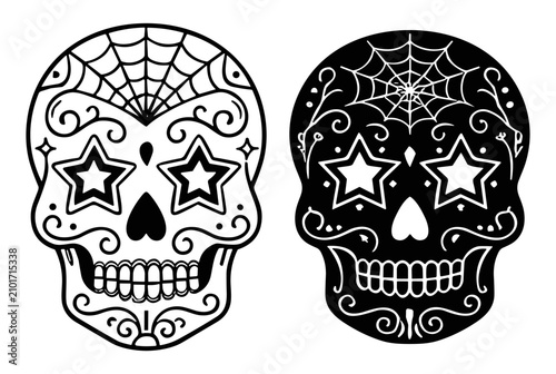 Quadro su tela Black and white sugar skull illustrations with spider web and star decorations,