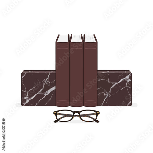 Foto Marble bookend, brown books, reading glasses, office decor, library accessories,