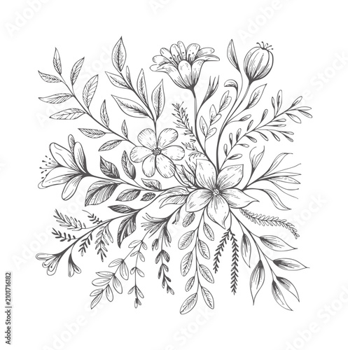 Hand drawn of a floral arrangement with various flowers and leaves handdrawn botanical