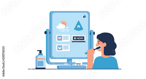 Smart Mirror Technology Illustration Showing a Woman Brushing Teeth with News, Weather and Digital Interface Notifications in a Modern Bathroom