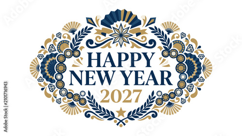 Quadro su tela Happy New Year 2027 Festive Ornament: A beautifully intricate decorative ornament wishing a Happy New Year for 2027, adorned with blue and gold folkloric patterns