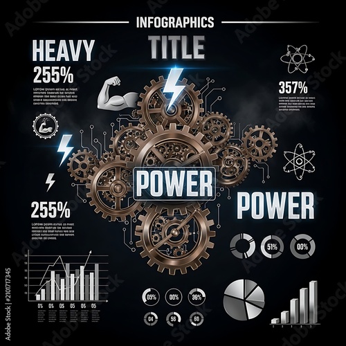 Futuristic Mechanical Power Infographic with Gears and Charts on Dark Background